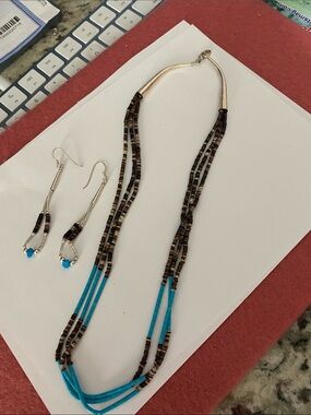 Turquoise and Pen Shell  Beaded Multi-Strand Necklace with Matching Earrings